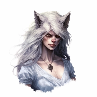 beautiful stunning pretty vintage werewolf female character, paint art style, clipart, white background, superrealistic, one of a kind