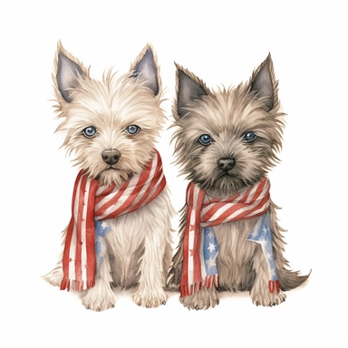 digital clipart, solid white background, two new born puppy Cairn Terriers in the theme of 4th July, white background