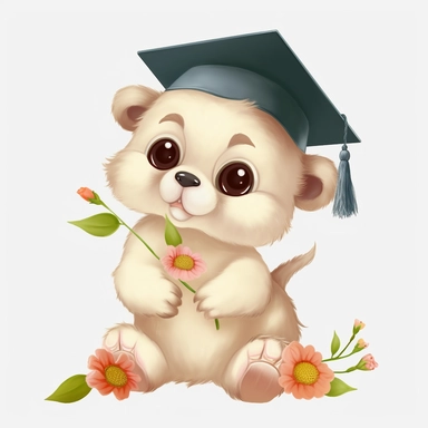 cute baby animals wearing graduation cap, flowers, in the style of Pixar, clipart, hd, on white background, - - ar 3:2, s 1000