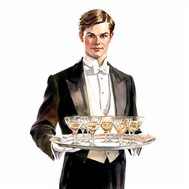 A Butler serving a tray of Champagne flutes at a royal reception, Clipart, watercolor, white background, intricate detail
