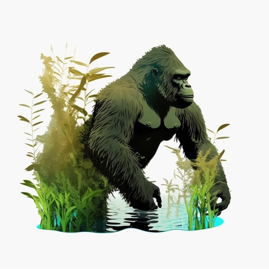 a gorilla wrestling with hydrilla grass underwater, clipart, white background