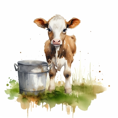 realistic watercolor baby cow standing on a green grass with milk buckets in a farm barn background, on solid white background, clipart
