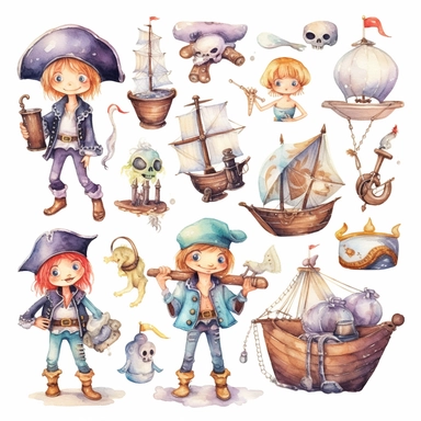 Watercolor pirates cute illustrations clipart set, simple, soft colors, cartoon elements, different variants, cute little pirate boy and girl pirate ship, pirate treasure chest, daggers, swords, pirate glag, skulls, billybones,, wooden elements, loot,, separate elements with a margin