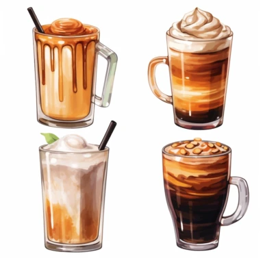 watercolor, Hot and cold coffee beverages. Different types of drinks set. Espresso, americano cup, cappuccino and latte in the paper mug, iced macchiato in the glass. png Full body realistic cartoon in 32K UHD cute. 15 cm thick outline. Black color. There was no shadow on the ground. 8k with realistic watercolors and detailed illustrations. PNG clipart, transparent white background