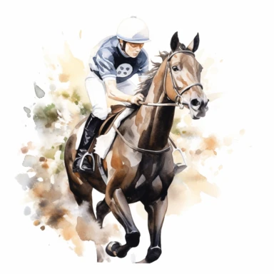 racing horse with jockey, white flowers, watercolor, white background, clipart