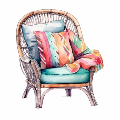 A boho-style chair with colorful cushions clipart, white background, watercolor drawing