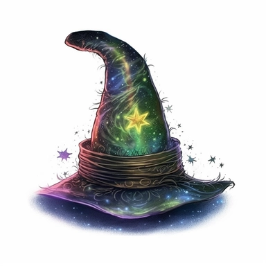 discopunk witch hat, old and worn, swirling color with tiny stars in the background, northern lights, isolated on white background, clipart, highly detailed