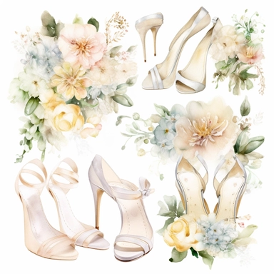 wedding watercolor clipart, wedding rings, white dress, clear background, bride shoes