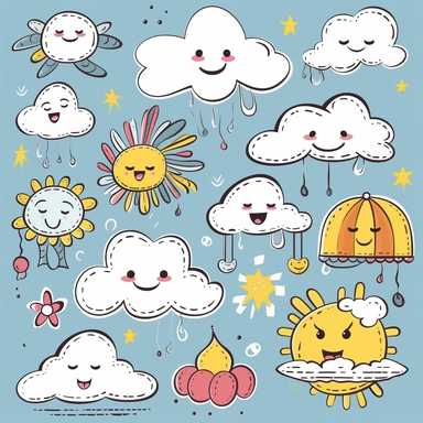 cute Weather Clipart - you could create clipart of different weather conditions like sun, rain, clouds, snowflakes, lightning, and more. You could draw them in a cute and whimsical style, with bright colors and lots of details.