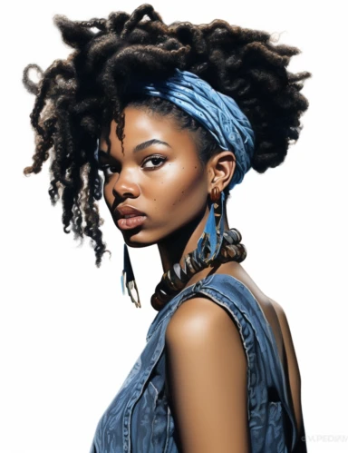 hasselblad 24 mm three quarters shot of a gorgeous african american woman with blue eyes, clipart, Composition: Relaxed position with intricate high hairstyle, smiling, detailed natural skin, Style: Nu-Goth, white background, hyperrealism, 32k