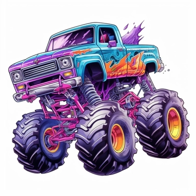 Cute Beautiful Retro 90s Color Monster Truck Sublimation Clipart,Cartoon, hyper realistic, intricate detail, illustration style,high solution,on the white background