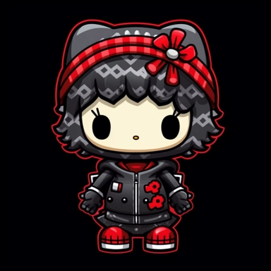 Sanrio hello kitty style charter art illustration of kitty clipart style illustration in trendy edgy dark black red white and grey palette. cute character
