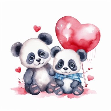 Clipart, watercolor, white background: Two baby pandas sitting side by side, holding a heart-shaped balloon, symbolizing love and friendship.