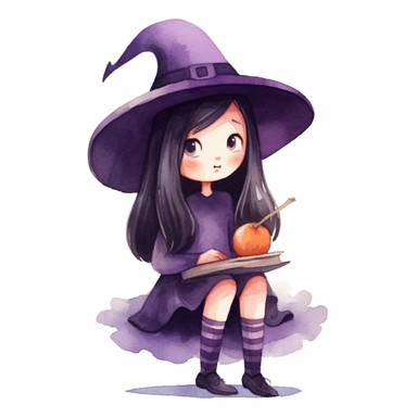Mona the little witch, a little witch character, reading a book, watercolor children's book illustration style clipart, simple, cute, full colour, purple witch hat, dark purplish hooded dress, black shoes, dark purplish clothes, long black hair, flat colour,