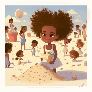 pixar , disney illustration of Sag Harbor , An illustration of fiver year old light skin Harper a happy black girl with curly afro, arriving in sag harbor ,standing looking at a group of children making other sandcastles in the competition , from the community's stunning Sunset Beach, east hampton , summer vaction, beach town , summer days , muted tones , shy warm heart , pixar , hyper detailed , smooth skin realistic animated — Happy Black Girl Smiling art,black girlsclipart, Funny black girl ,