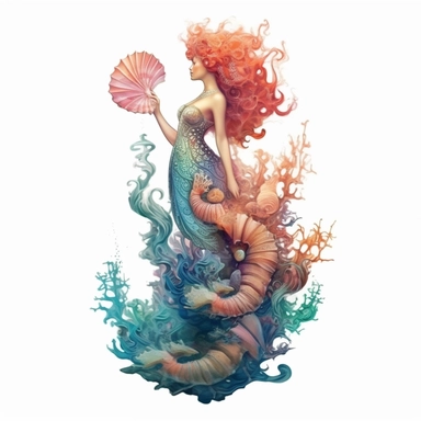 beautiful rich sea mermaid on corals full body with mermaid fish tale, sea stars, sea shells, super high quality, high resolution, oil painting clipart, natural colors, isolated white background, 8k