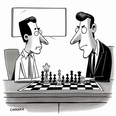 silent comic strip of two business man playing chess with many blurry people watching behind , first business man is overweighted with an imposing build and an intense facial expression conveying a sense of aggression and dominance, second businessman wit