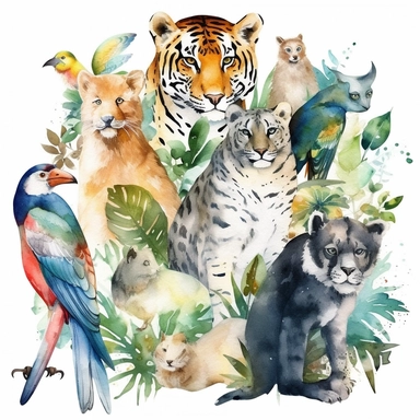 Amazon Rainforest Watercolor Animal Clipart, Watercolor Clipart high quality, white background
