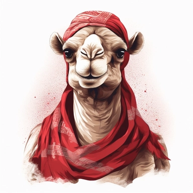 camel wearing red and white Arabic shemagh in desert sublimation, summer time, watercolor, clipart, illustration, digital art, for tshirt, simple design, clean, highly detailed, 8k, white background
