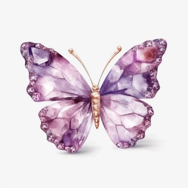 Bejeweled amethyst Butterfly brooch Watercolor Clipart, watercolor painting, png, HDR, 8k, super hyper realism. white background,