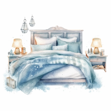 watercolor clipart of a cute vintage bedroom, sparkles, cosy winter wonderland vibes, isolated on white background