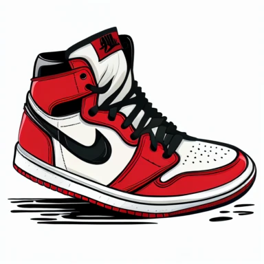 a Nike Air Jordan 1 Chicago shoe with rounded heel hand drawn in Randy Hollar style cartoon, 1970s, clipart, white background, red, black, white, simple,