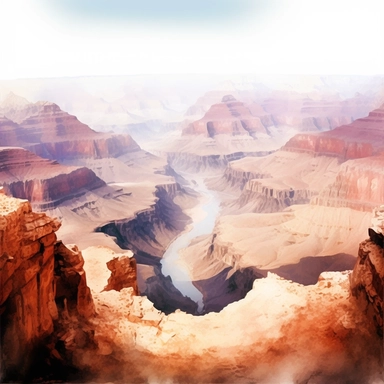 vast panoramic view, full view, illustration clipart, soft watercolor, beautiful grand canyon landscape, sharp focus, high detail, romantic, fantasy, ethereal, transparent background
