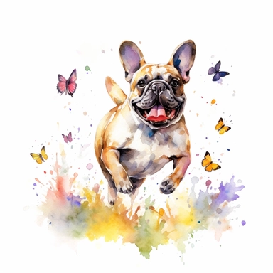 Playful french bulldog chasing butterflies in a sunlit garden, its tail wagging with excitement, capturing its joyful and lively spirit, white background, watercolor clipart