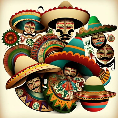 clip art people in sombreros in mexican style, cinco de mayo, dancing, big eyes, smiles, happy, in the style of layered organic forms, detailed character clip art, shaped canvases, giant money sculptures, detailed, cartelcore, colorful layered,