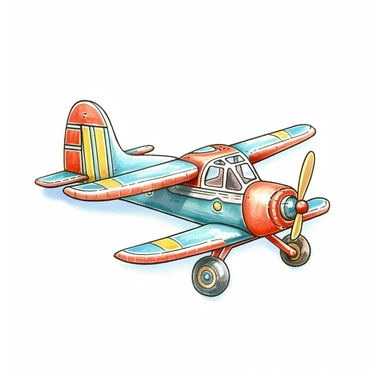 Vintage Hand painted pastel clipart of a toy airplane wall hanger in the style of vintage nursery kitsch Lefton, retro midcentury 1950’s, white background, contour