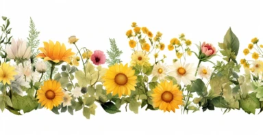 Pressed boho cottagecore floral clipart Peony, ranunculus, sunflower and verbena floral border wildflowers with green foliages floral nature garden border, clipart with white background