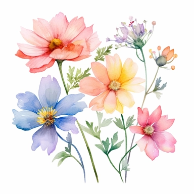 watercolor summer flower group for corner of invitation, clipart isolated on clear white background, soft colors, boho, lithograph, 32k uhd, textural