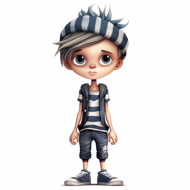 little boy doll style, thin black contour lines, jeans, sneakers, striped hat, spiky hair, cartoon, clipart, cute eyes, illustration for kids, disney,