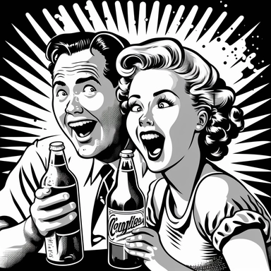 a couple euphoric and with happy face , in 1950`s style, drinking a coke looking to the camera, black and white clipart