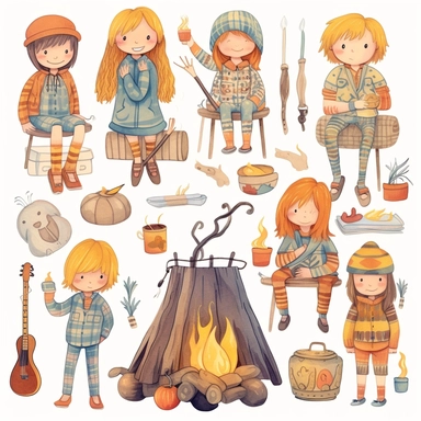 cute kawaii set of 70s retro seamless isolated clipart with hippie boys, dream catcher, watercolor, bonfire, boy and girl sitting by the fire and roasting sausages on a stick