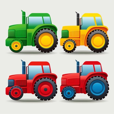 cute colourful vibrant red, green, blue an yellow farm tractor vehicles, each side profile view front view, rounded edges, rounded corners, detailed vector clean illustration, clipart, svg, white background