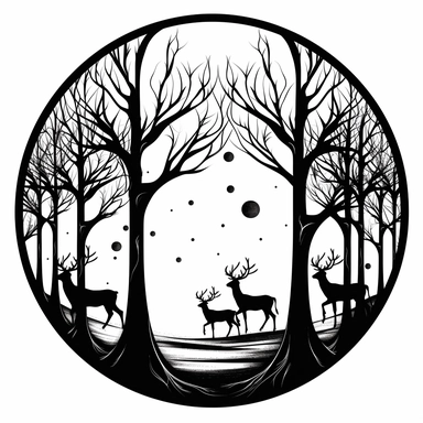 circle, art nouveau style, black lines, detailed, flat design, simple design, sleigh and reindeer, christmas scene, tree, white background, clipart style, black and white,