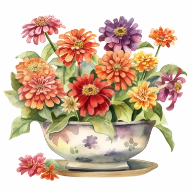 Design a watercolor clipart vignette of zinnia flowers in a colorful ceramic bowl, using the Michelangelo-inspired Watercolor Haven style on a white background. Focus on the rich color palette, intricate details, and the beauty of the zinnia flowers, making it a versatile element for home or garden-themed projects.