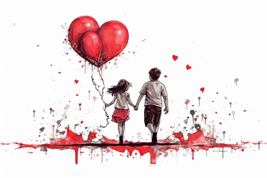 cute beutiful girl and boy holding hands, red half of the heart shape balloon geometric minimalist , valentine's day, top view, running in Tokyo, ink, Ghibli style, 8k, Leyka 35mm very detail clipart on white background space out 8k