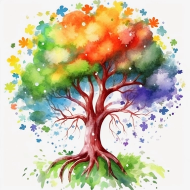 green tree with beautiiful flower,leafs, rainbow,watercolor png clipart ar 16:9