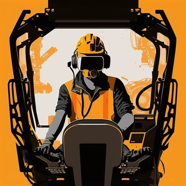 excavator cockpit, worker wearing vr headset, poster, simplistic, abstract, vector, 2d illustration, clipart, few colors