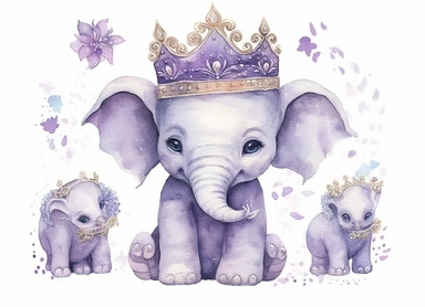 watercolor cute little baby elephant wearing a crown, in the style of light silver and light purple, victorian-inspired illustrations, nature-inspired pieces, 5 sets of clipart of different playful compositions, plush doll art, high resolution, isolated on a white background