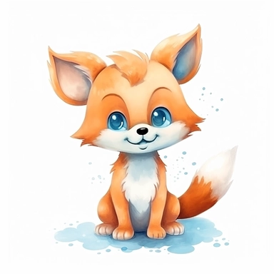 a friendly baby fox with smiling face and kind eyes clipart with watercolor illustration,full body shot,8k,etsy style, white background