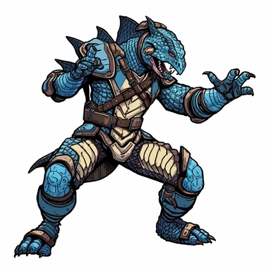 Mike Allred's full-body Dungeons & Dragons character art depicting a blue lizard dragonborn wearing black full plate armor, lunging attacking dynamic pose, clipart illustration, solid colored background