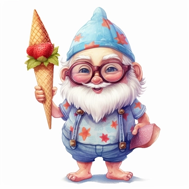 gnome summer smile and cute big eyes wear big glasses full body , eat ice cream summer , cute funny laugh detailed digital art, whimsical and cute, cute detailed artwork, glimmering, adorable and whimsical, whimsical art, watercolor Clipart style