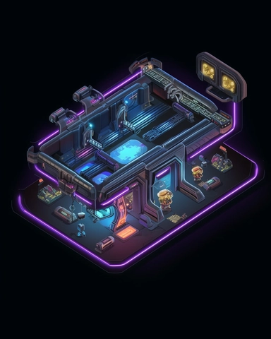 isometric perspective, game sprite, futuristic small spaceship hanger concept, gaming asset, sci-fi, fun, creative, cartoon, clipart, hyper-detailed, black background,