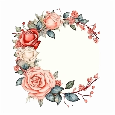Rose flower frame, circle, vintage colors, illustrated clipart, simple, isolated white background, 8k