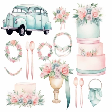 Watercolor Wedding Clipart: Bride Clipart, Sweet love, Wedding arch, Wedding cake, Rings, Wedding Dress, Newlyweds Car, very pale teal and pink accent, separate elements, bundle set, 8k, white background