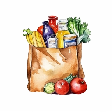 watercolor detailed illustration of Grocery bag with a variety of groceries peeking out, clipart, white background