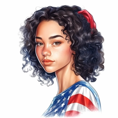 Cute Beautiful biracial teen girl face Veteran 4th of July Sublimation Clipart,Cartoon,hyper realistic, intricate detail, illustration style,high solution,on the white background